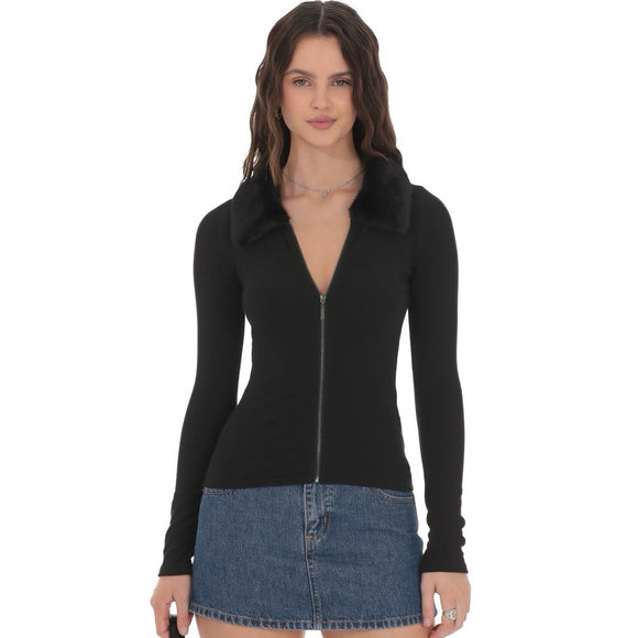 LUCY IN THE SKY BLACK FAUX FUR CUFF ZIP UP