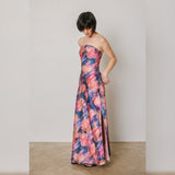PICASSO FLORAL STRAPLESS SATIN MAXI DRESS