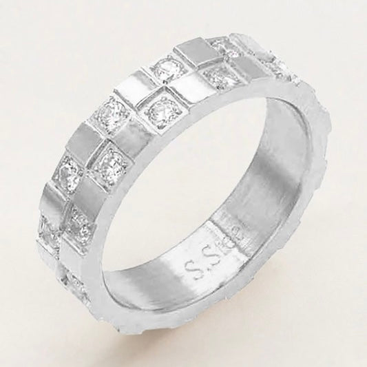 STAINLESS STEEL SILVER RHINESTONE GRID RING