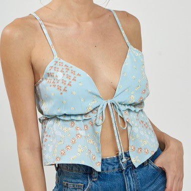 EASY GOING BLUE PATTERNED FRONT TIE CROP TOP