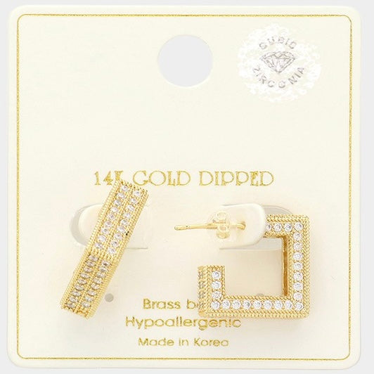 14K GOLD DOUBLE RHINESTONE SQUARE HOOP EARRINGS