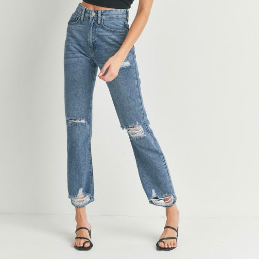 JBD MEDIUM WASH DISTRESSED STRAIGHT LEG DENIM JEANS