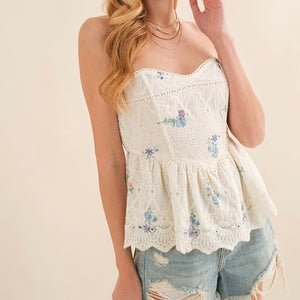 LIGHT MY LOVE EMBROIDERED STRAPLESS TOP