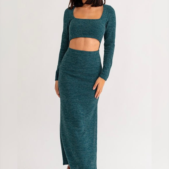 PIECE OF ME GREEN KNIT CUT OUT MAXI DRESS