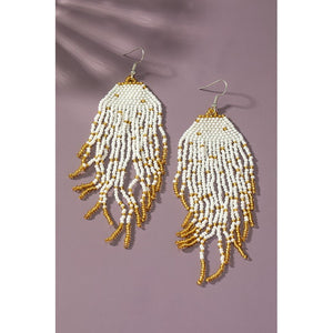 EVA WHITE & GOLD BEADED FRINGE EARRINGS