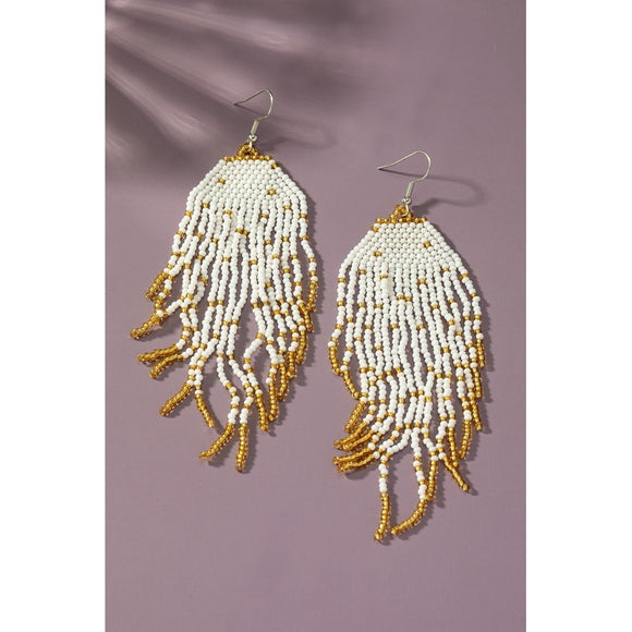 EVA WHITE & GOLD BEADED FRINGE EARRINGS