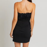 ON THE EDGE BLACK FEATHER TRIM MINI DRESS