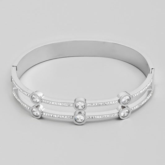 STAINLESS STEEL SILVER DOUBLE RHINESTONE BRACELET