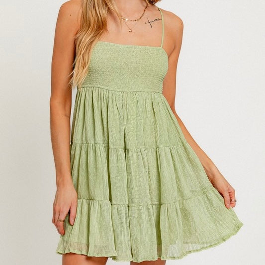 WAITING FOR YOU GREEN TIERED MINI DRESS