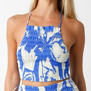 TROPICANA BLUE AND WHITE SMOCKED CROP TOP
