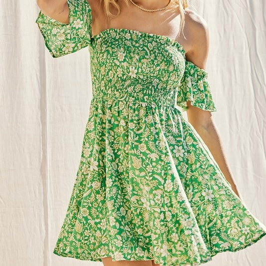 HOLDING ON GREEN FLORAL SMOCKED MINI DRESS