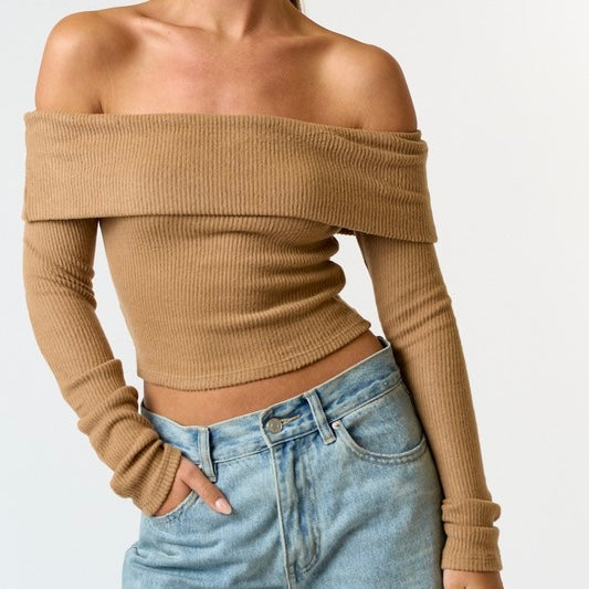 OUT OF THE WOODS BROWN OFF SHOULDER TOP