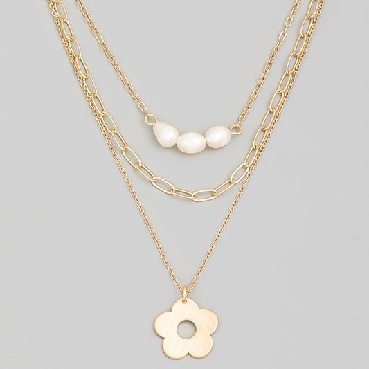 JACQUELYN TRIPLE LAYER FLOWER PEARL NECKLACE