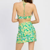 GREEN/YELLOW FLORAL KEY HOLE MINI DRESS