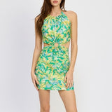 GREEN/YELLOW FLORAL KEY HOLE MINI DRESS