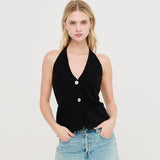 BLACK BUTTON UP HALTER TOP