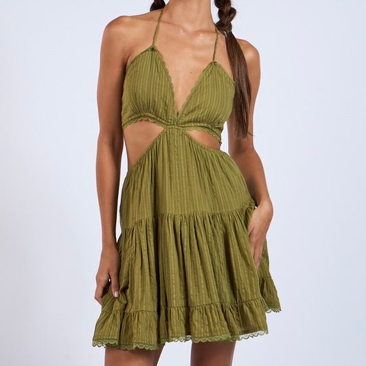 BOHO CHIC GREEN CUT OUT MINI DRESS