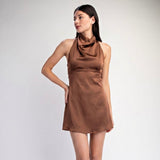 WALK MY WAY BROWN COWL NECK MINI DRESS