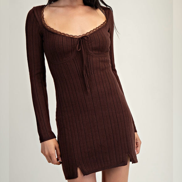 LIKE CHOCOLATE BROWN KNIT MINI DRESS