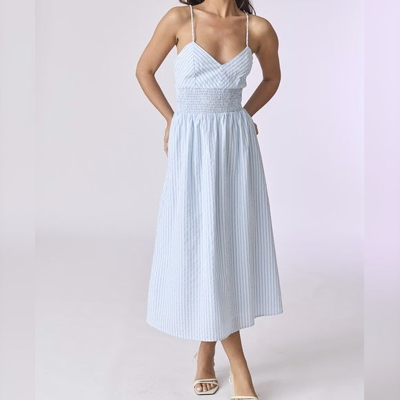 SUMMER ON THE ISLAND PINSTRIPE MIDI DRESS