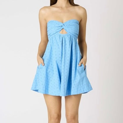 SOUL SEEKER BLUE EYELET STRAPLESS DRESS