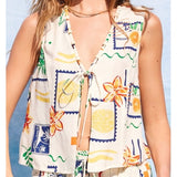 ON THE ISLAND ABSTRACT PATTERN FRONT TIE TOP
