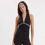 CONCERT SERIES BLACK SEASHELL TRIM HALTER TOP