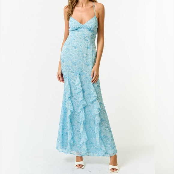 UNDER THE SEA BLUE FLORAL RUFFLE MAXI DRESS