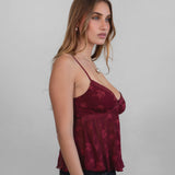 LOVE A LITTLE BURGUNDY EMBROIDERED MESH TANK TOP