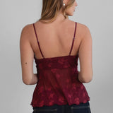 LOVE A LITTLE BURGUNDY EMBROIDERED MESH TANK TOP
