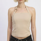 YOU GOT IT BEIGE GOLD DECAL HALTER TOP