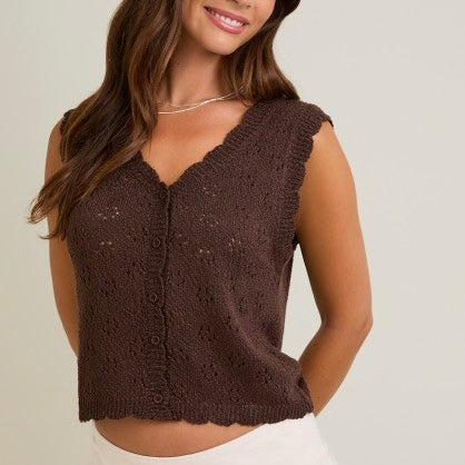 EASY GOING BROWN BUTTON DOWN KNIT TOP