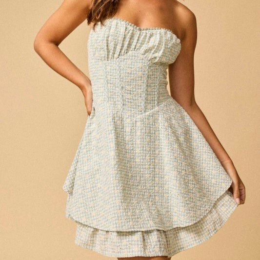 LETS GET GOING EYELET STRAPLESS MINI DRESS