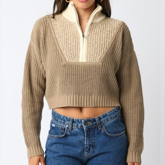 NOT SO DIFFERENT BROWN QUARTER ZIP SWEATER