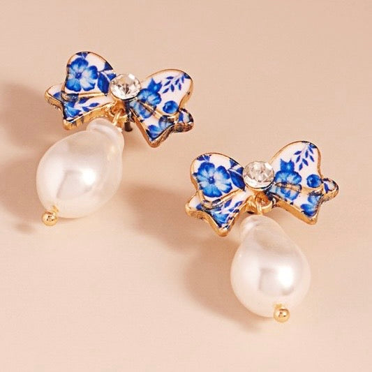 BELLE BLUE FLORAL BOW PEARL DROP EARRINGS