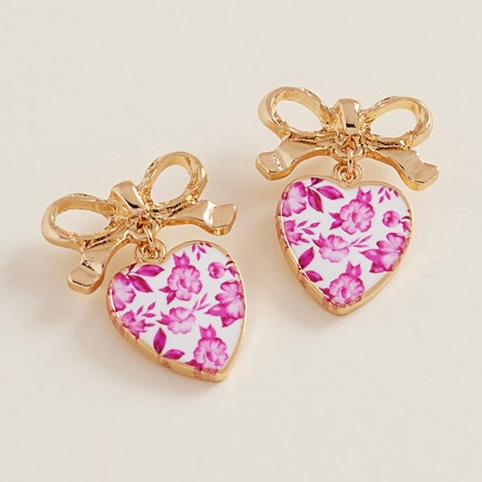 AMAYA PINK BOW HEART DROP EARRINGS
