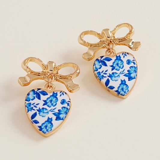 AMAYA BLUE BOW HEART DROP EARRINGS