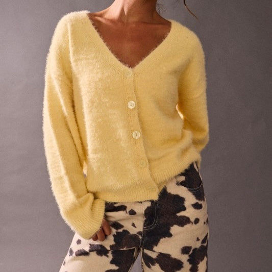 BACK TO IT YELLOW BUTTON UP CARDIGAN