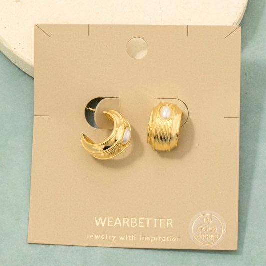 14K GOLD PEARL STUD THICK HOOP EARRINGS