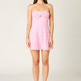 SAY SOMETHING PINK STRAPLESS EYELET MINI DRESS