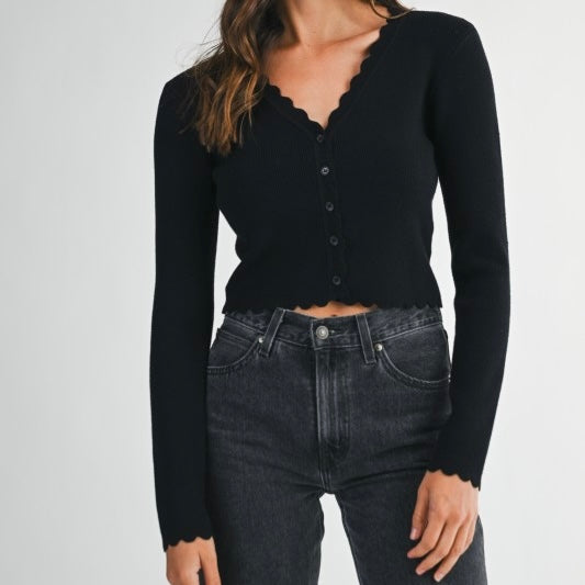OUT OF OFFICE BLACK SCALLOPED CARDIGAN