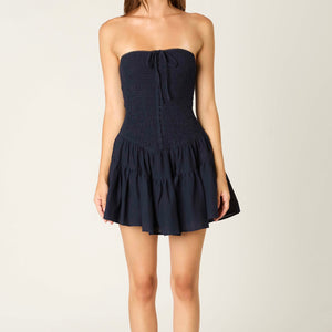 STILL INTO YOU NAVY STRAPLESS DRESS