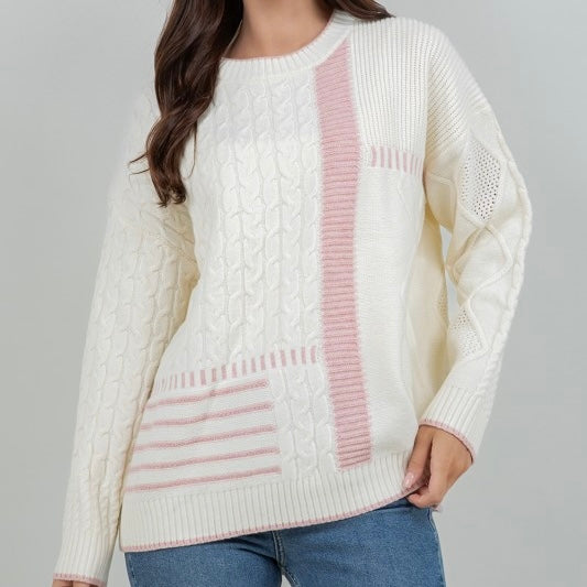 TAKE A GUESS PINK BLOCKED KNIT SWEATER