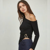 BLACK ONE SHOULDER GOLD DETAIL TOP