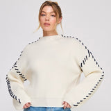 STITCHED UP WHITE AND NAVY MOCK NECK SWEATER