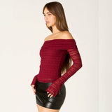 GOOD TASTE RED OFF SHOULDER LONG SLEEVE TOP