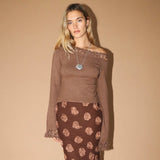 DAYDREAM BROWN OFF SHOULDER CROCHET SWEATER