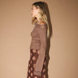 DAYDREAM BROWN OFF SHOULDER CROCHET SWEATER