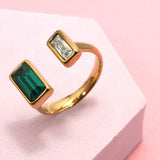18K GOLD LARGE EMERALD RHINESTONE RING