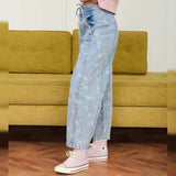 BLUE FLOWER PRINTED TIE DENIM JEANS